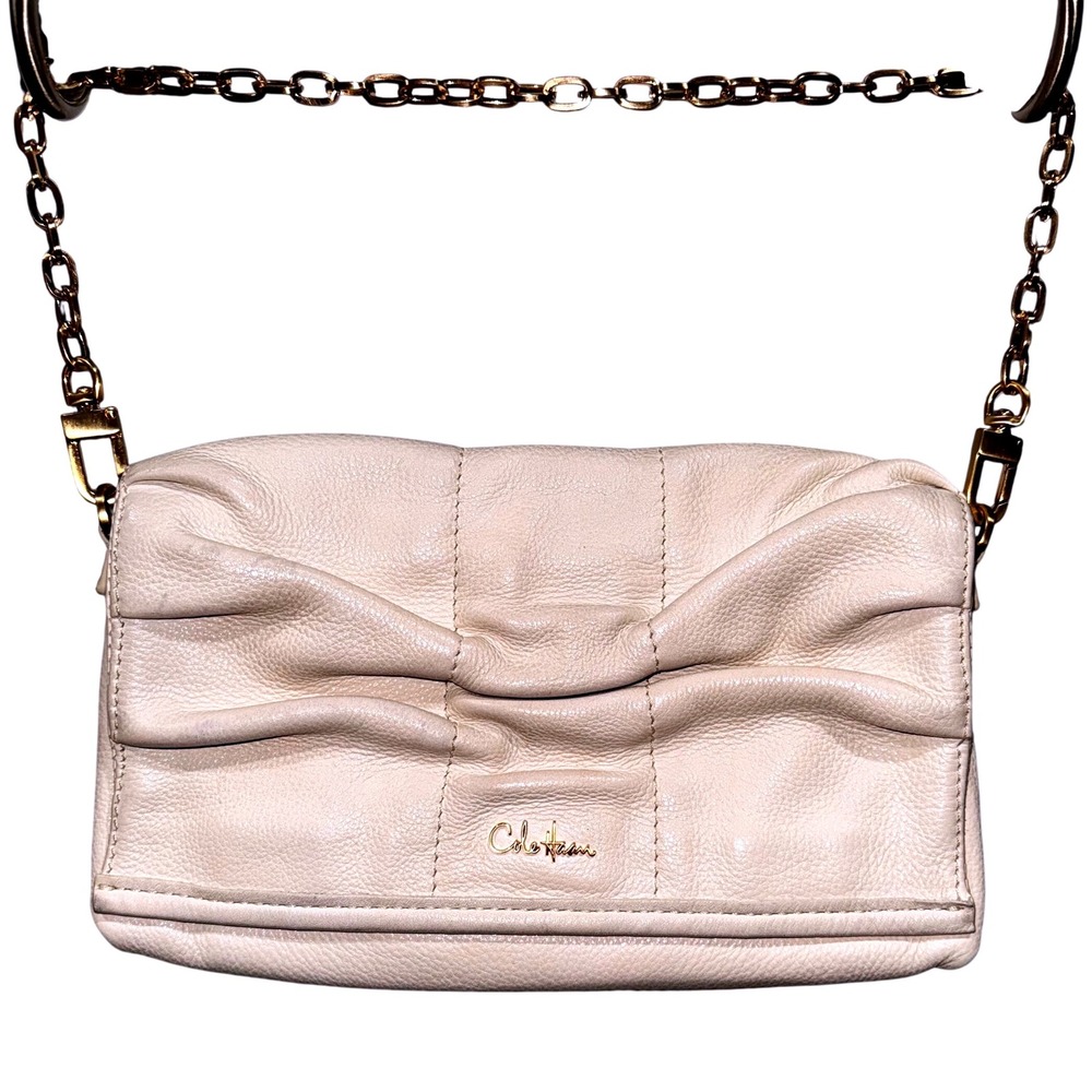 Cole Haan Leather Shoulder Bag Clutch Ivory Gold Chain Evening Party Purse